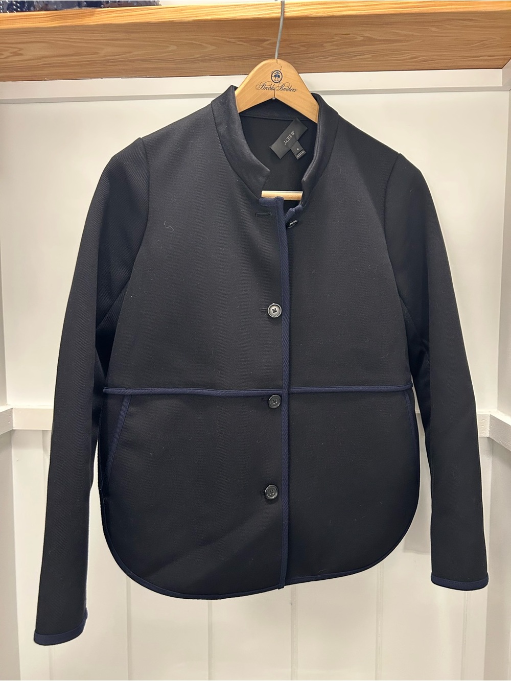 J. Crew Black Collarless Jacket with Navy Trim Piping